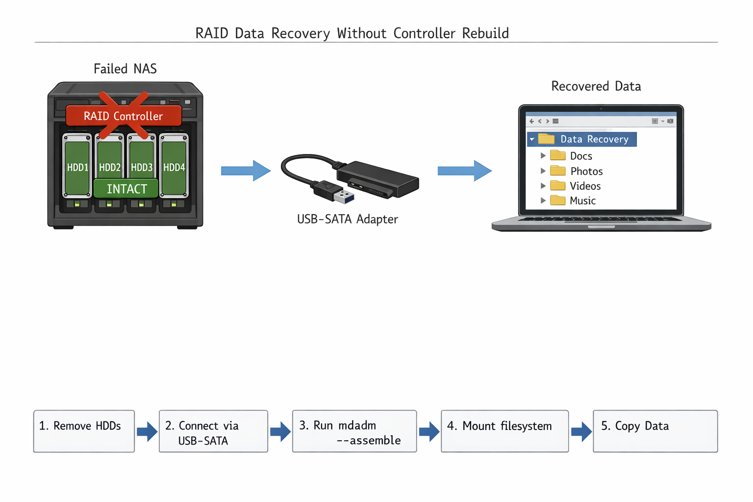 RAID Datenrettung Prozess-Diagramm ohne Controller-Neuaufbau mit Schritt-für-Schritt Anleitung
