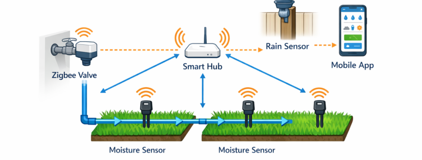 Smart Home Bewässerungssystem Diagramm mit Zigbee-Ventilen und Bodenfeuchtesensoren