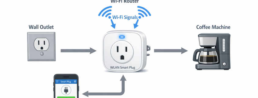 Technisches Diagramm Smart Steckdose Funktionsweise mit WLAN Router und App Steuerung