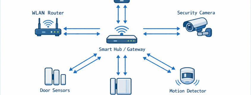 Netzwerk-Diagramm einer App-gesteuerten Alarmanlage mit Sensoren und WLAN-Verbindung