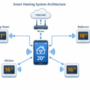 Smart Home Heizungssystem Diagramm - Smartphone steuert mehrere intelligente Thermostate über WLAN
