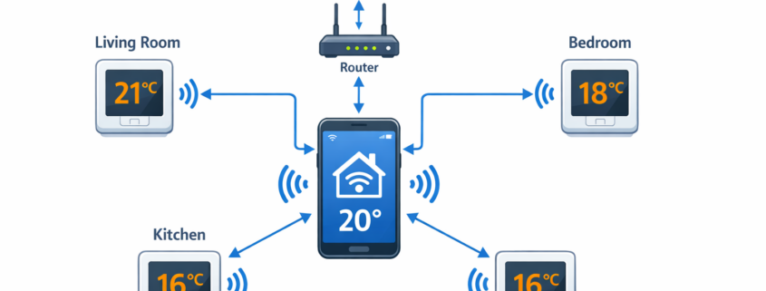 Smart Home Heizungssystem Diagramm - Smartphone steuert mehrere intelligente Thermostate über WLAN