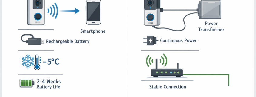 Technisches Diagramm Akku vs Kabel Video-Türklingel Systemvergleich