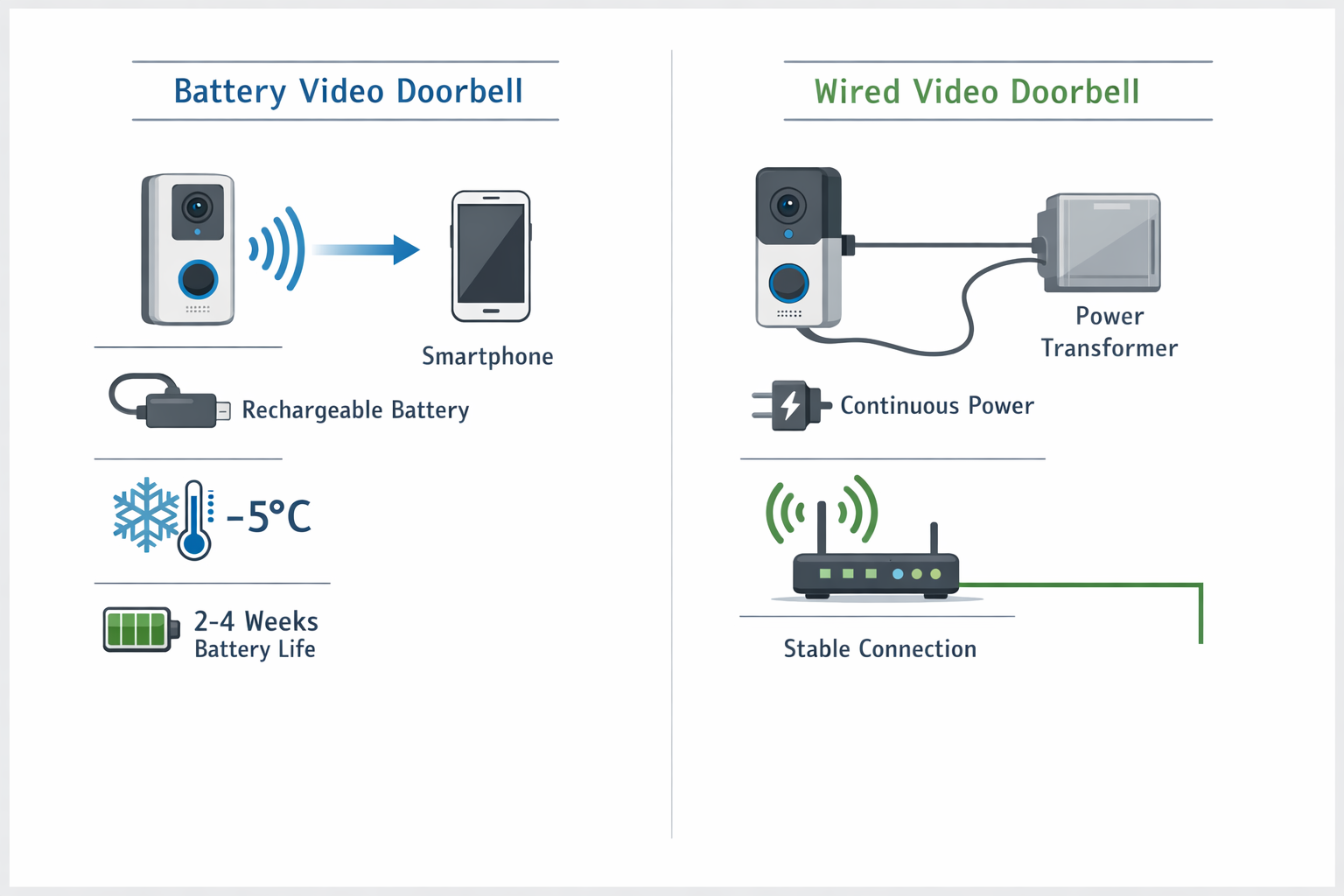 Technisches Diagramm Akku vs Kabel Video-Türklingel Systemvergleich