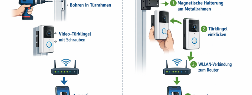 Installationsdiagramm Video-Türklingel ohne Bohren mit Magnethalterung Schritt-für-Schritt Anleitung
