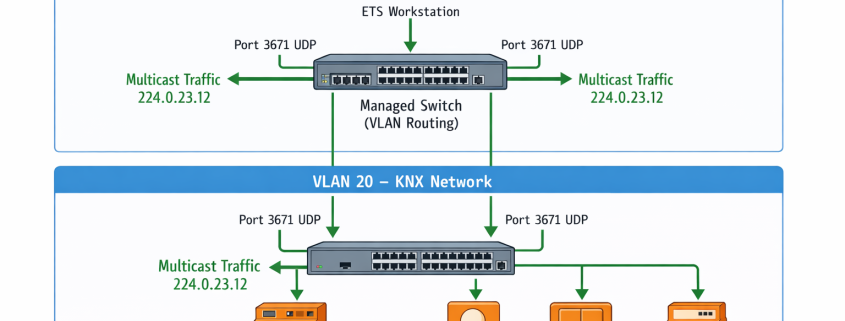 KNX VLAN-Netzwerk Architektur Diagramm mit ETS Arbeitsplatz und IP-Router Segmentierung