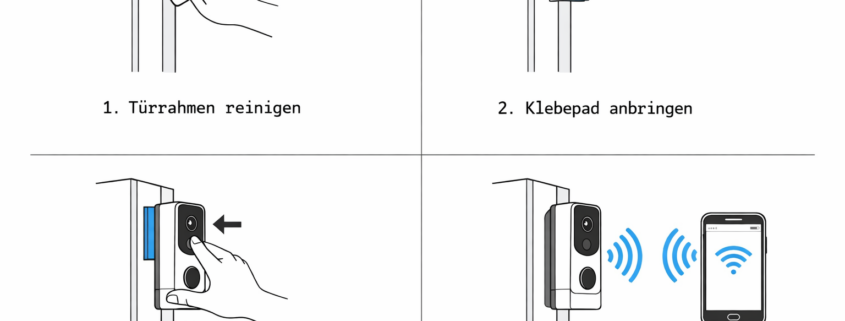 Installationsdiagramm Video-Türklingel ohne Bohren - 4 Schritte von Reinigung bis App-Verbindung