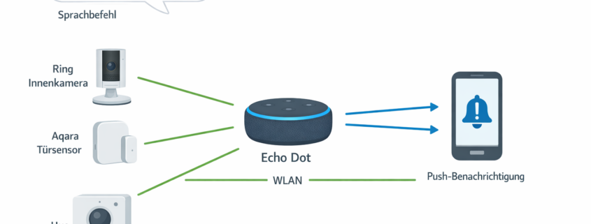 Sprachgesteuerte Smart Home Sicherheit Systemdiagramm mit Alexa, Ring Kamera und Sensoren