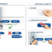 Technisches Installationsdiagramm für Fenstersensor Montage ohne Bohren mit Maßangaben