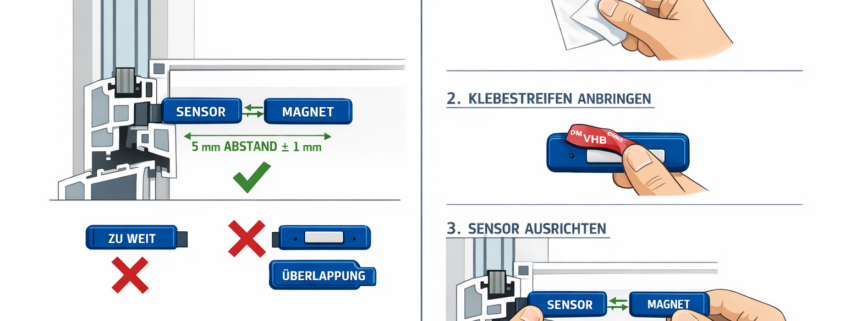 Technisches Installationsdiagramm für Fenstersensor Montage ohne Bohren mit Maßangaben