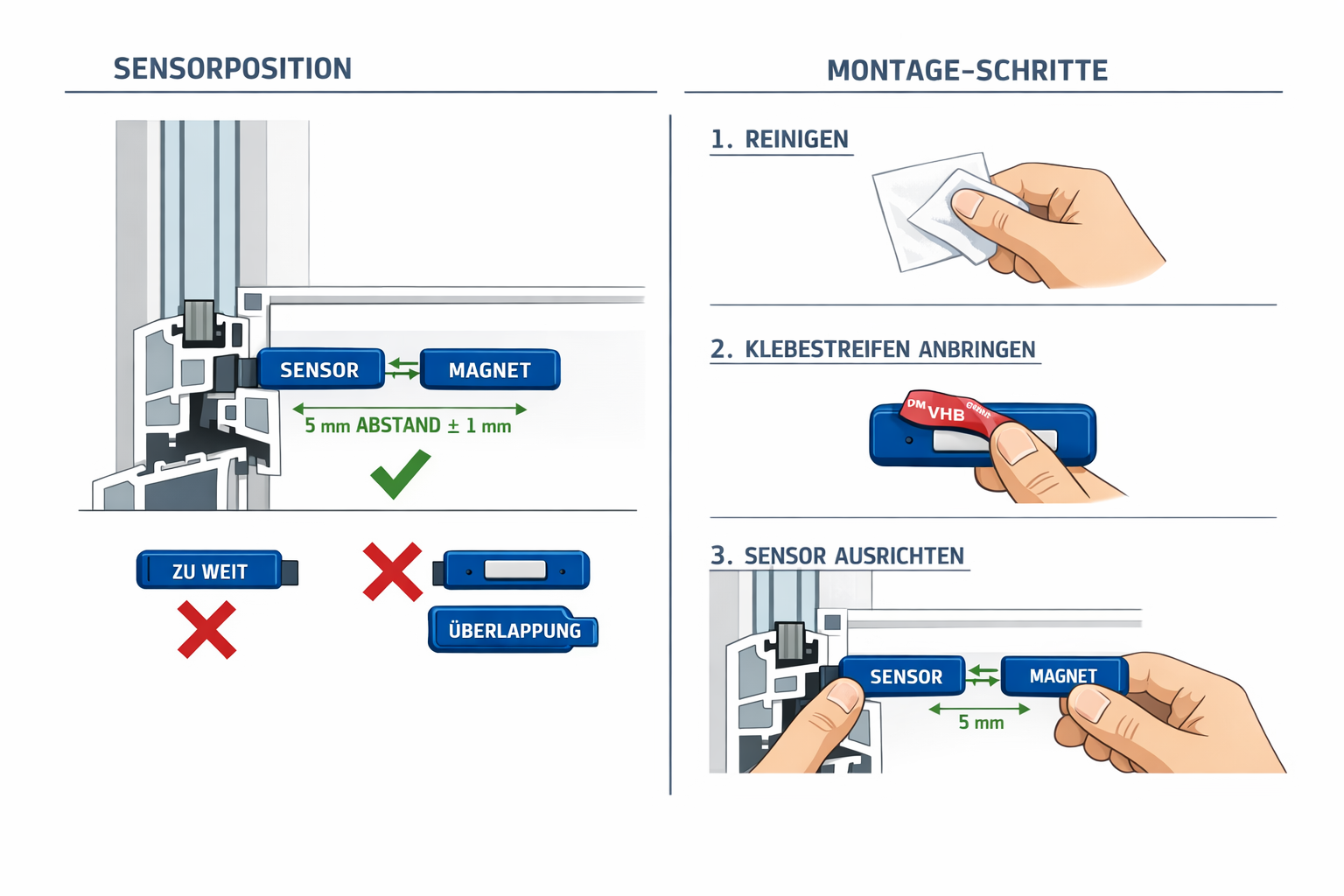 Technisches Installationsdiagramm für Fenstersensor Montage ohne Bohren mit Maßangaben