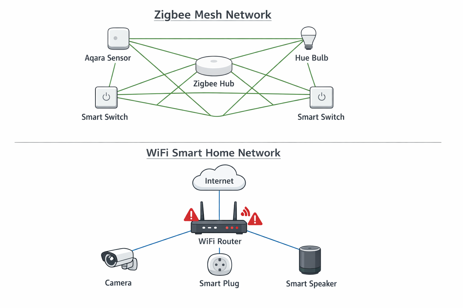 Zigbee Mesh-Netzwerk vs WLAN Smart Home Architektur Diagramm mit Geräteverbindungen