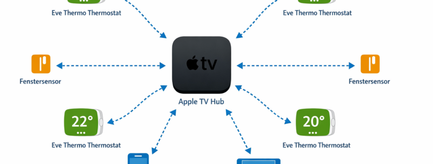 HomeKit Heizungssteuerung Systemdiagramm mit Apple TV Hub und smarten Thermostaten