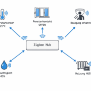 Systemarchitektur Diagramm für Smart Home Heizungssteuerung mit Sensoren und Datenfluss