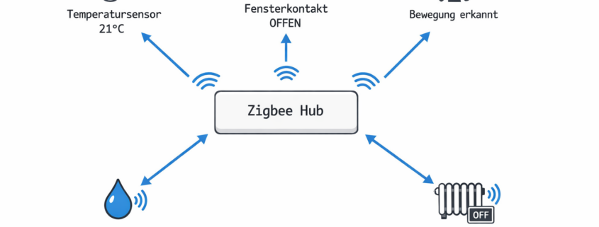 Systemarchitektur Diagramm für Smart Home Heizungssteuerung mit Sensoren und Datenfluss