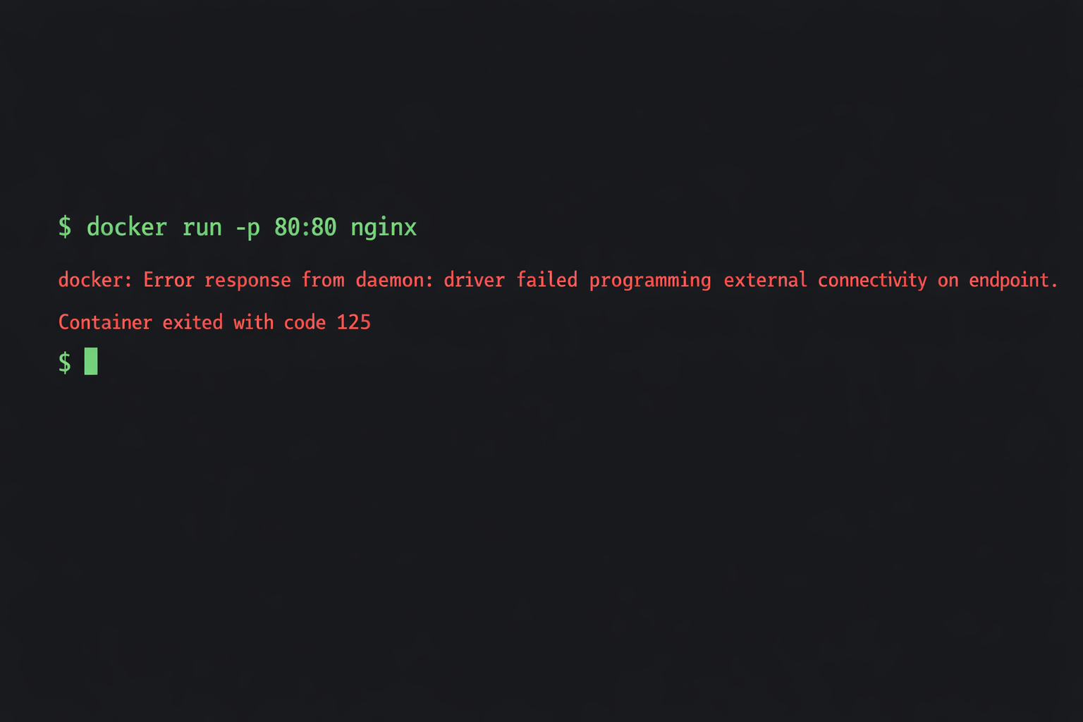 Terminal Screenshot mit Docker Exit Code 125 Fehlermeldung in roter Schrift