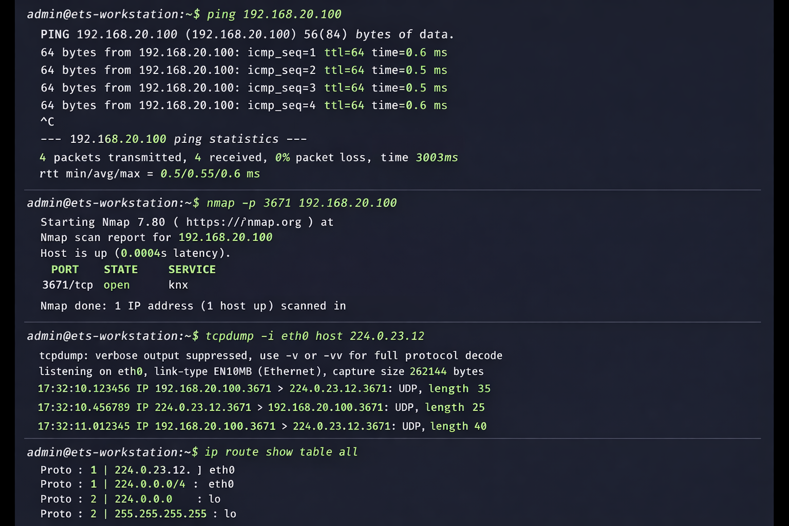 Terminal Screenshot mit KNX Netzwerk Diagnose-Befehlen und Ping-Tests zum IP-Router