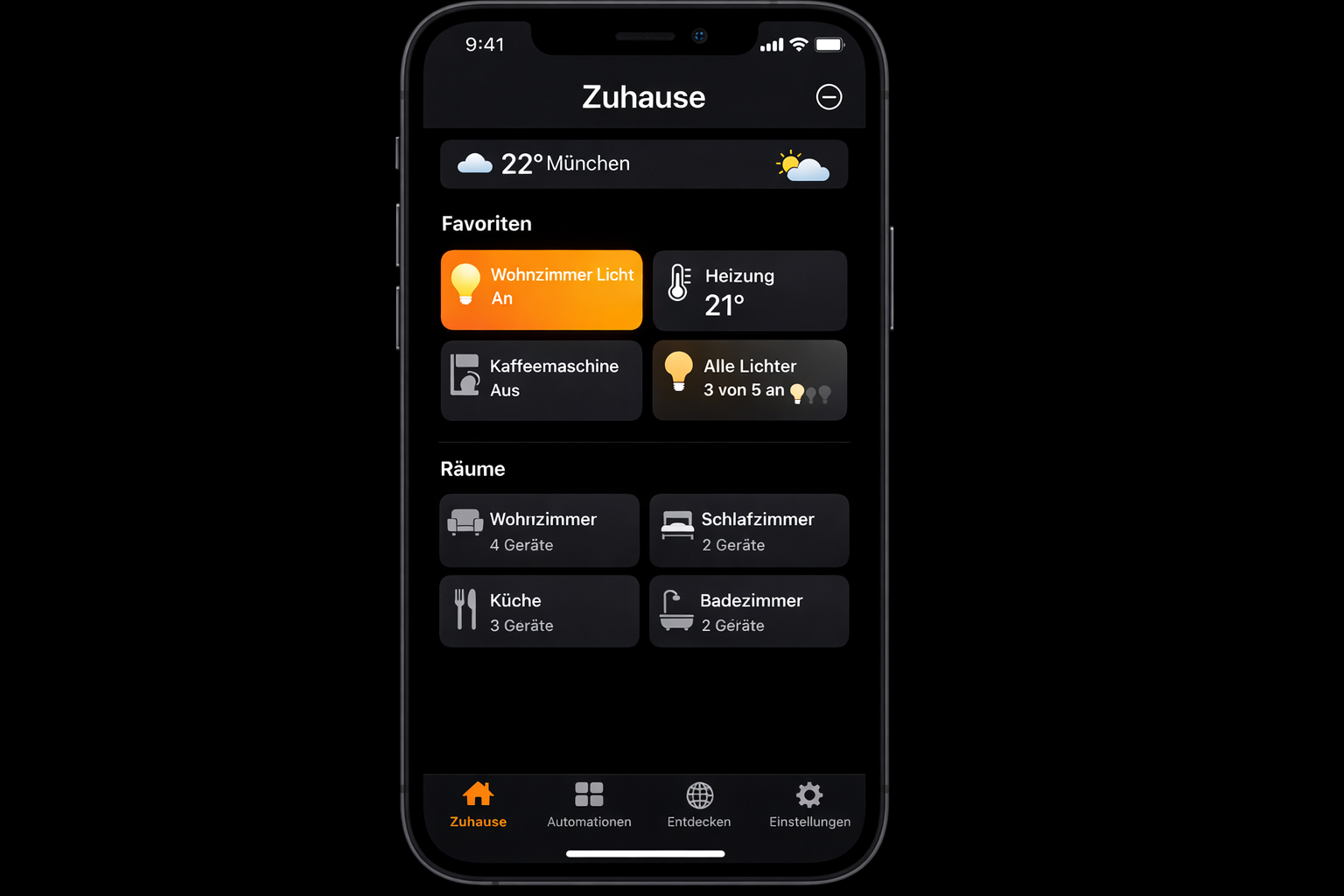 iPhone Home App Benutzeroberfläche zeigt HomeKit Geräte-Steuerung mit deutschen Raum-Namen und Status
