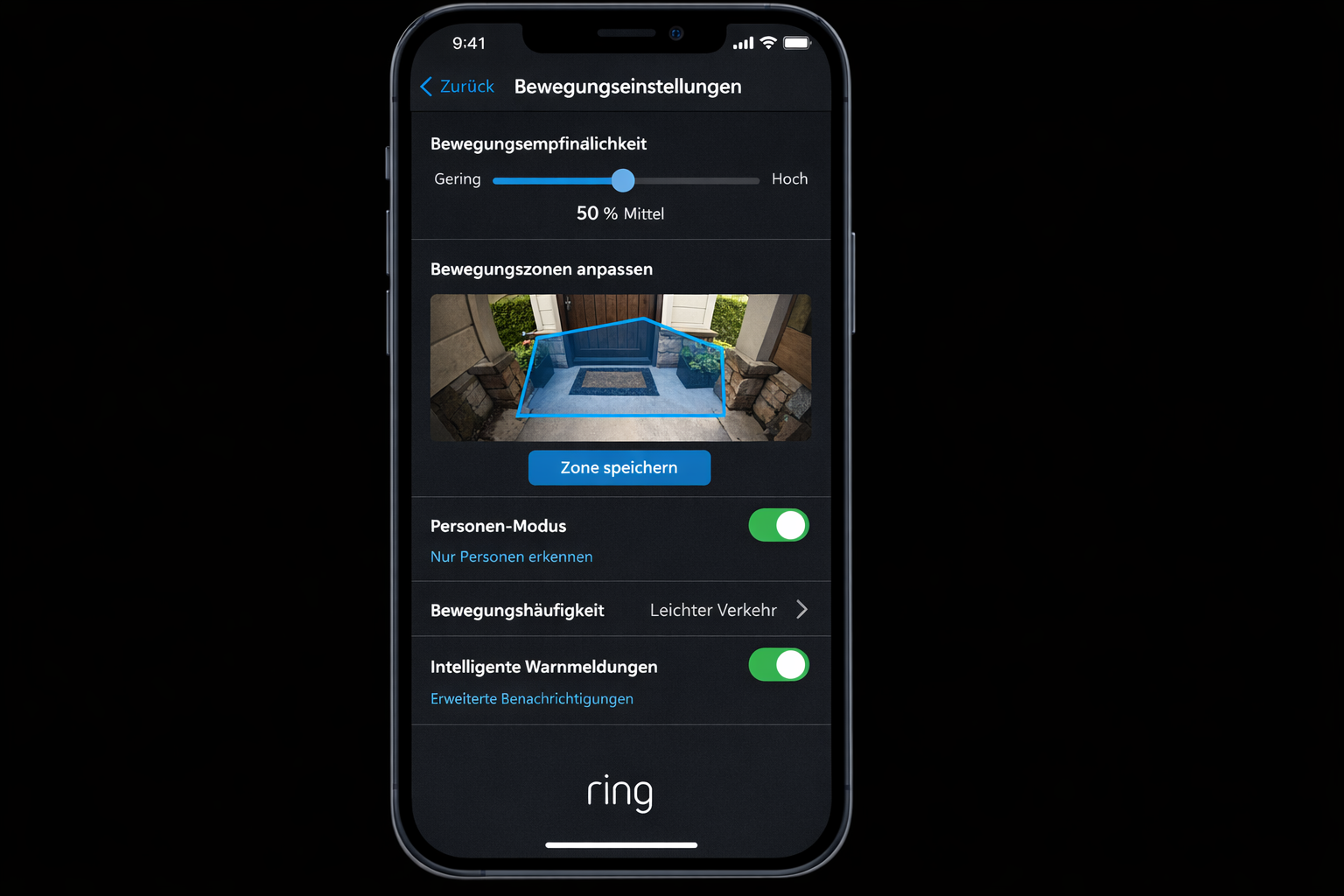 Ring App Bewegungseinstellungen: Empfindlichkeit auf 50% reduziert, Personenerkennung aktiviert
