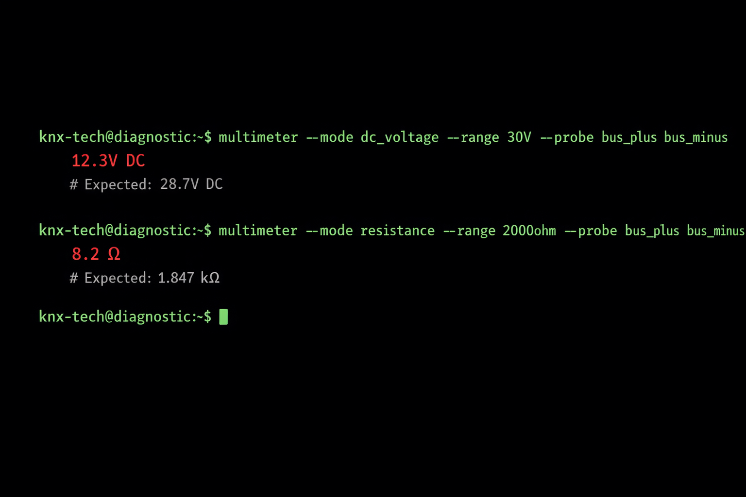 Terminal Screenshot KNX Multimeter Messungen für Kurzschluss-Diagnose mit Fehlerwerten