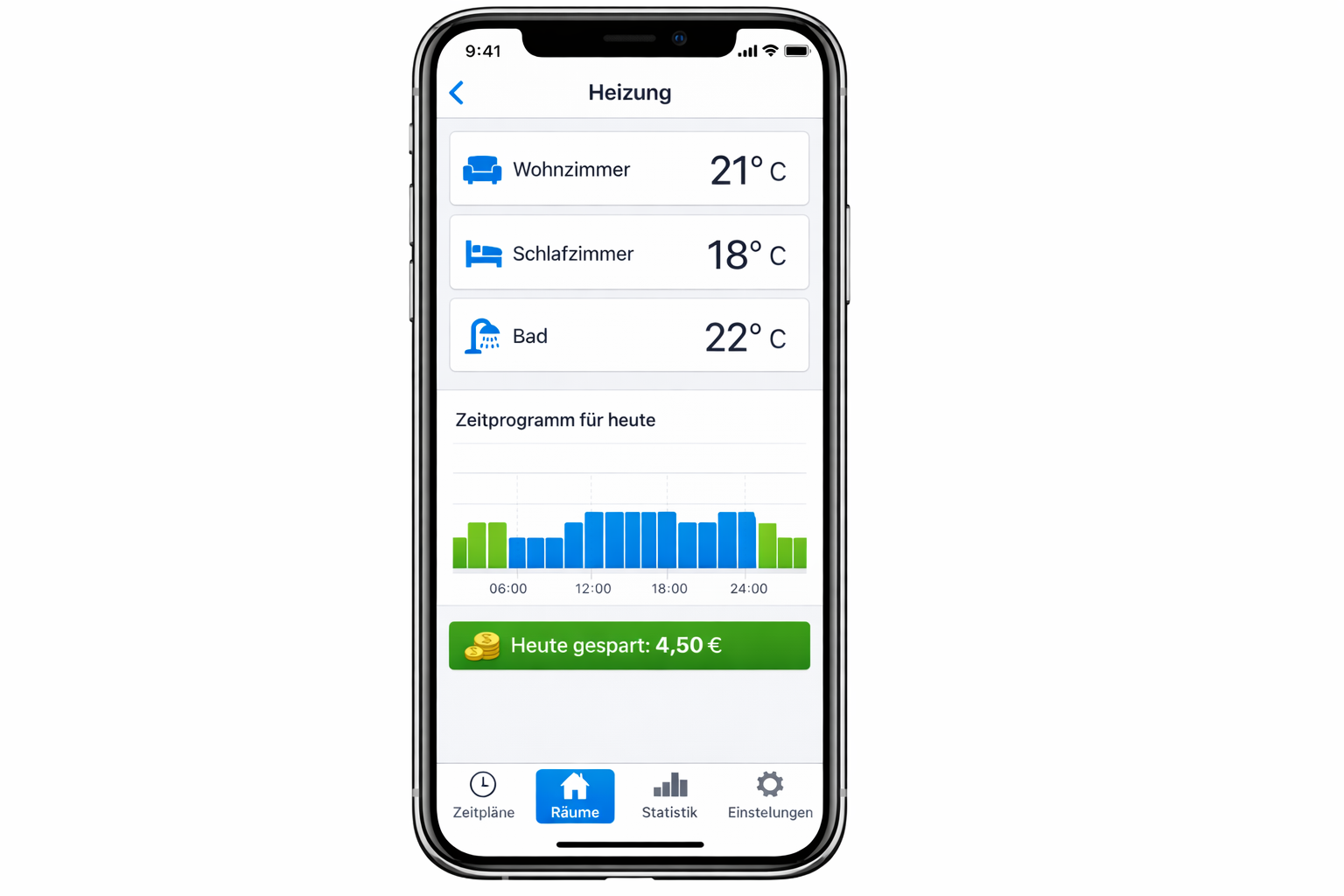 Smartphone App Screenshot für Smart Thermostat Steuerung mit deutschen Menüs und Temperaturanzeige
