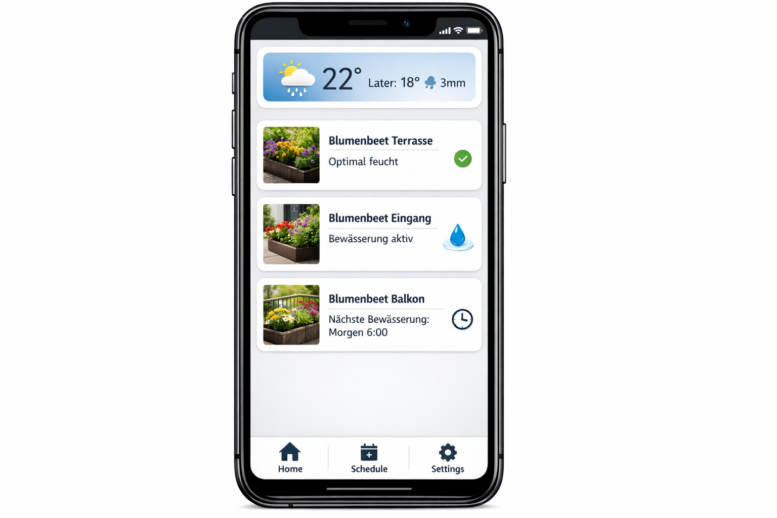 Gardena Smart App Benutzeroberfläche mit Bewässerungsstatus für verschiedene Blumenbeete