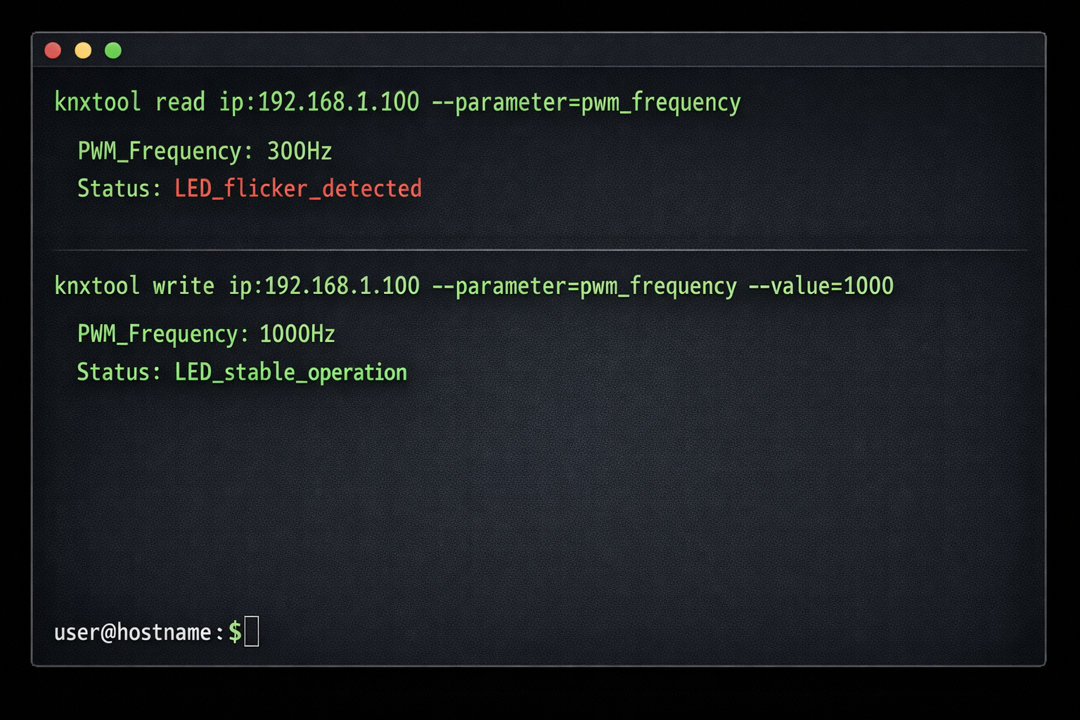 Terminal-Screenshot zeigt knxtool-Befehle zur Behebung von LED-Flackern durch PWM-Frequenz-Anpassung