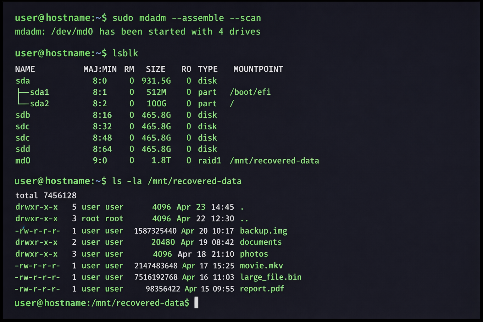 Linux Terminal Screenshot mit erfolgreichen mdadm RAID-Wiederherstellungs-Befehlen und Dateiauflistung