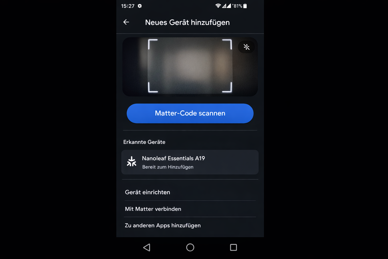 Google Home App Screenshot zeigt Matter-Gerät Setup mit Nanoleaf Essentials Lampe