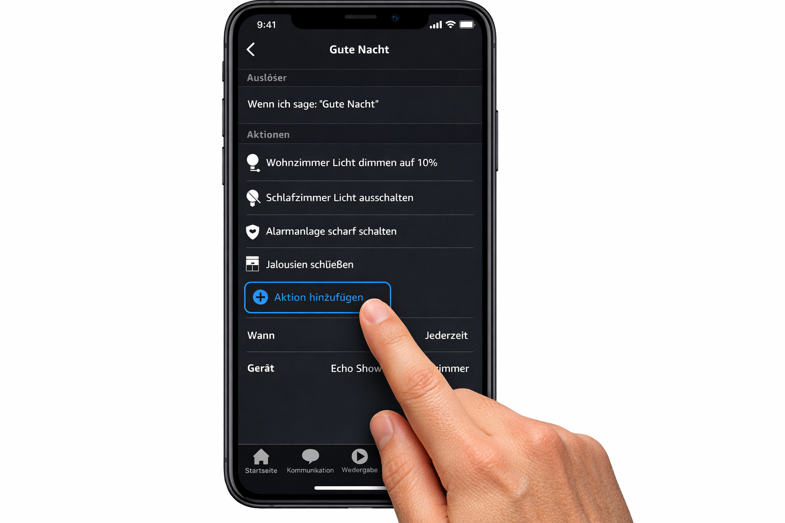 Alexa App Routinen-Konfiguration Screenshot für 'Gute Nacht' Sprachbefehl mit Smart Home Aktionen