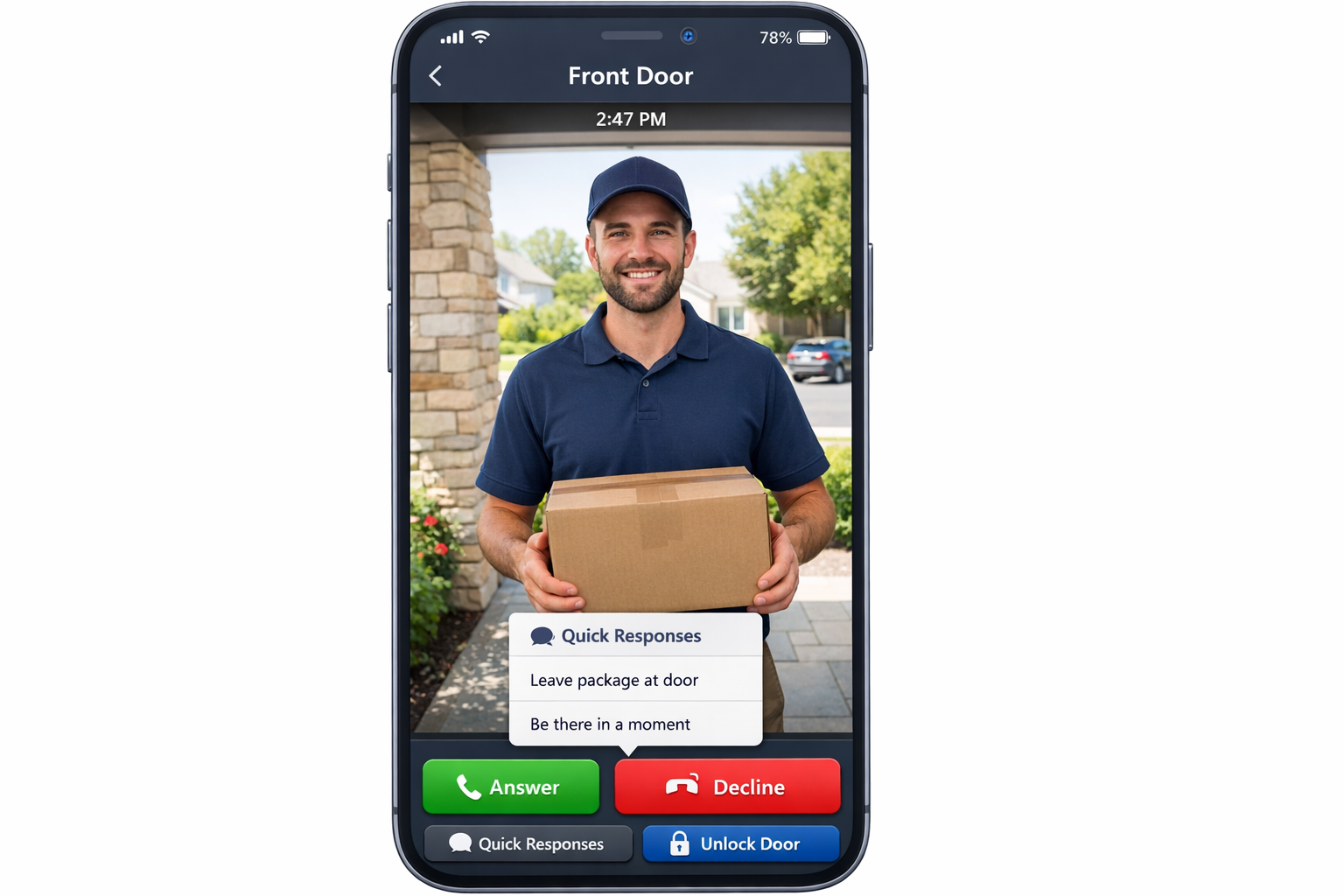 Video-Türklingel App-Interface mit Live-Video und Steuerungsbuttons auf Smartphone