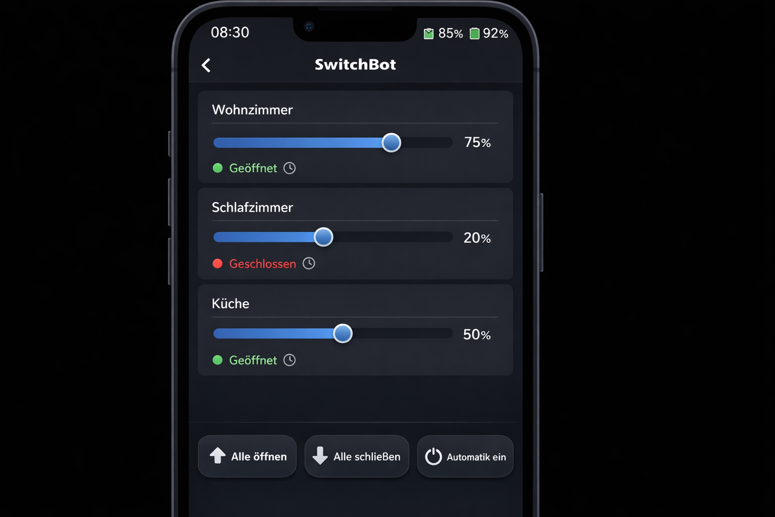 SwitchBot App Screenshot mit Smart-Rolladen Steuerung für drei Räume