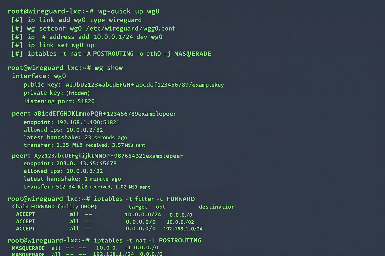 Proxmox LXC Terminal: WireGuard Konfiguration und Status-Befehle für VPN-Server Setup