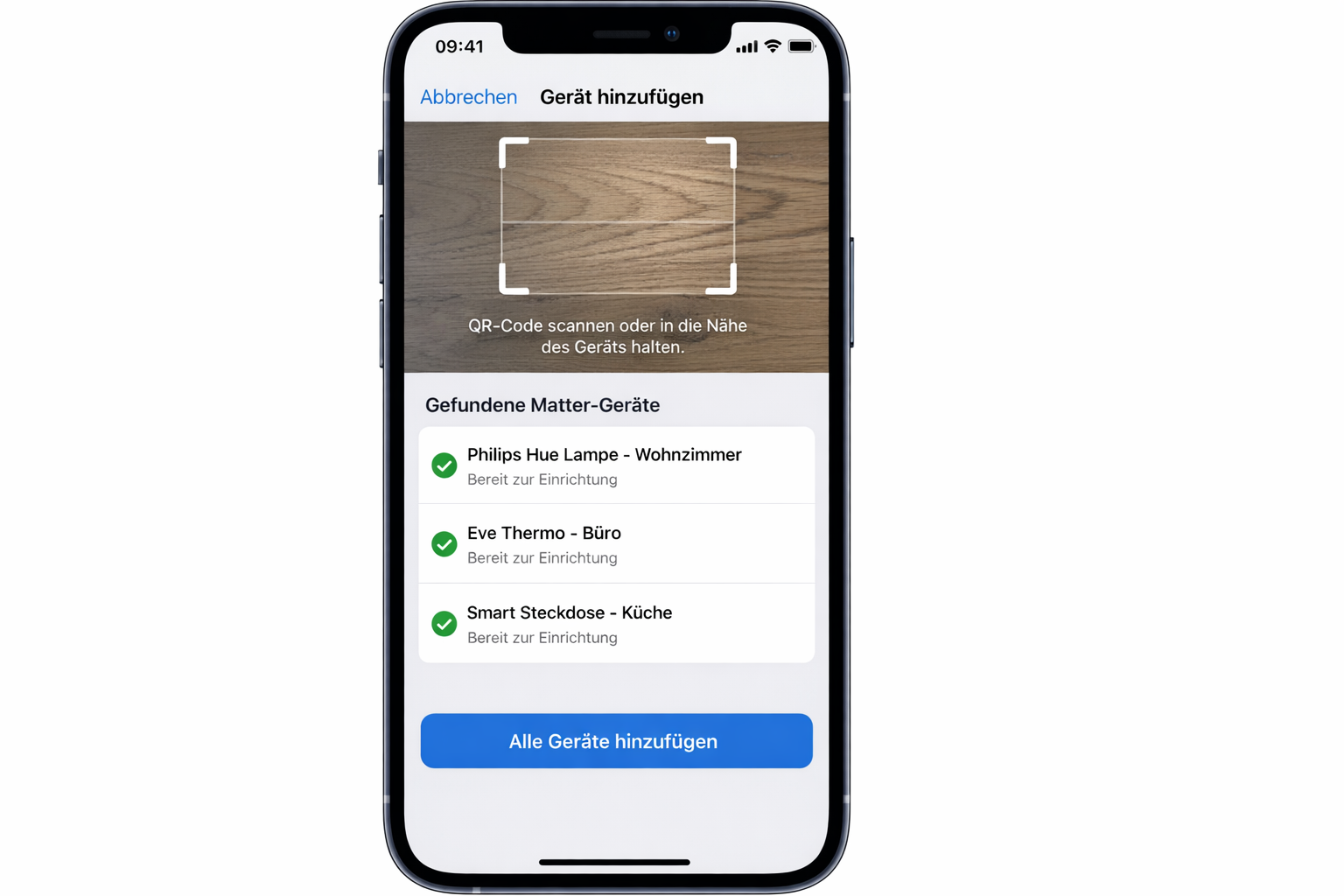Apple Home App Screenshot mit Matter-Geräte Setup und QR-Code Scanner Interface