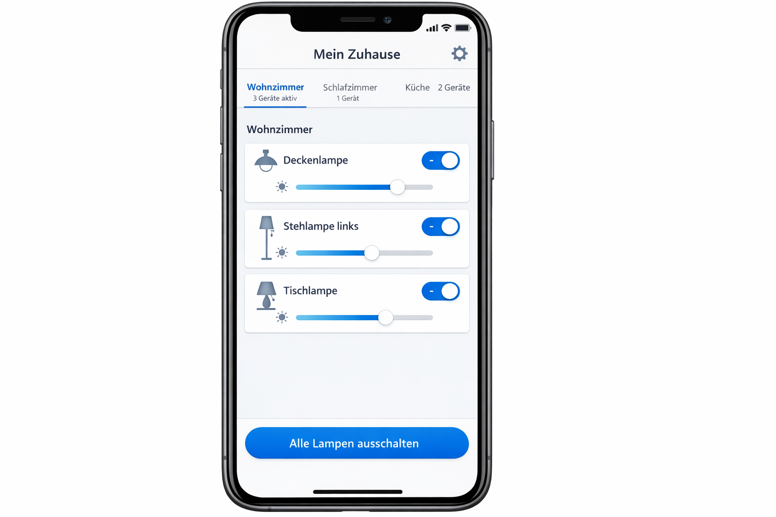Smart-Home-App Screenshot - Lichtsteuerung für Wohnzimmer mit deutschen Menüs und Lampen-Controls