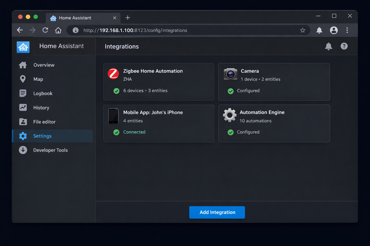 Home Assistant Integrations-Konfiguration Screenshot mit installierten Smart Home Sicherheits-Integrationen