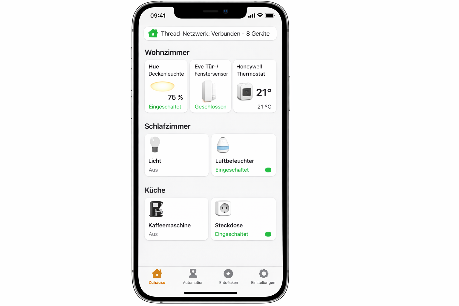 Apple Home App Screenshot mit Matter-kompatiblen Geräten in deutscher Sprache