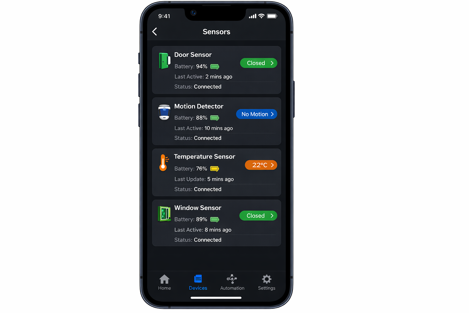 Smart Home App Interface mit Sensor-Status Dashboard und Batterieständen