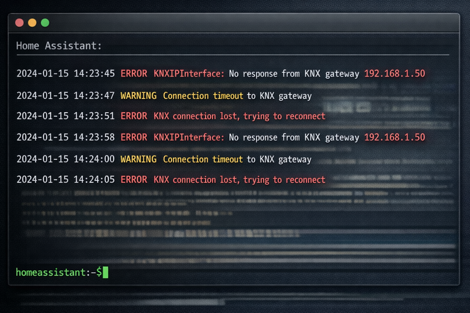 Home Assistant Terminal Log mit KNX IP Router Verbindungsfehlern und Timeout-Meldungen