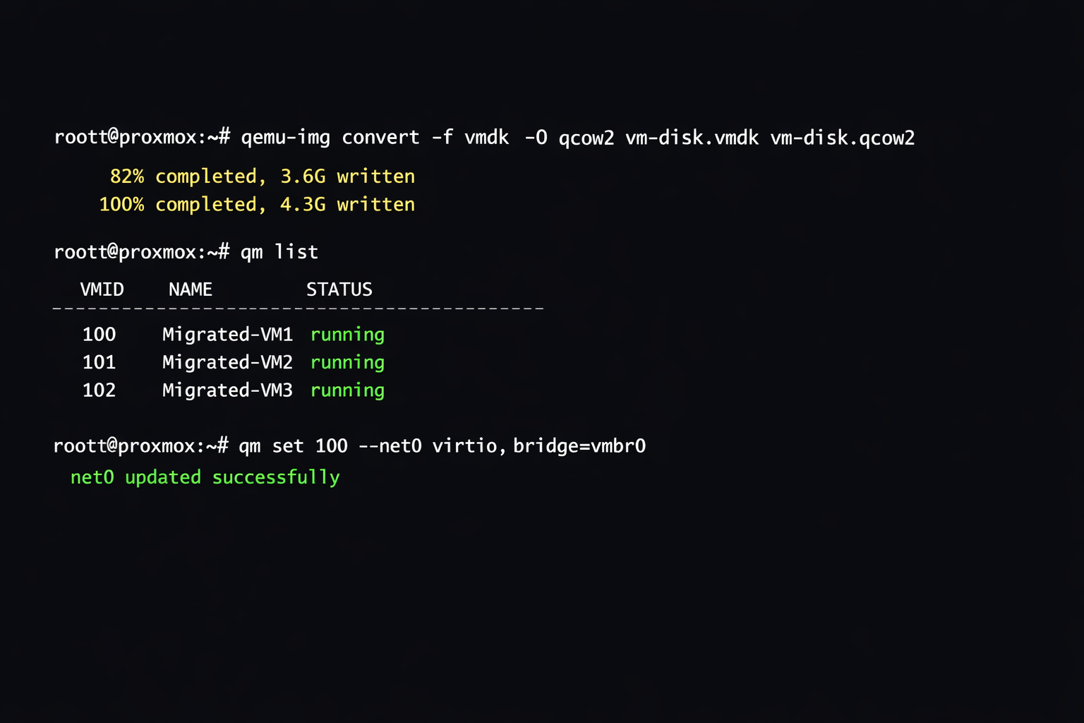 Proxmox Terminal mit VMDK Konvertierungs-Befehlen und VM-Konfiguration für ESXi Migration