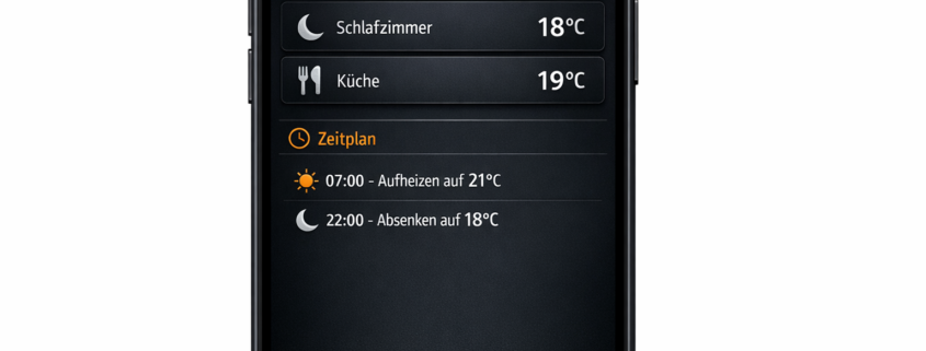 Smart Home App Screenshot für automatische Heizungssteuerung mit Zeitplan und Raumtemperaturen