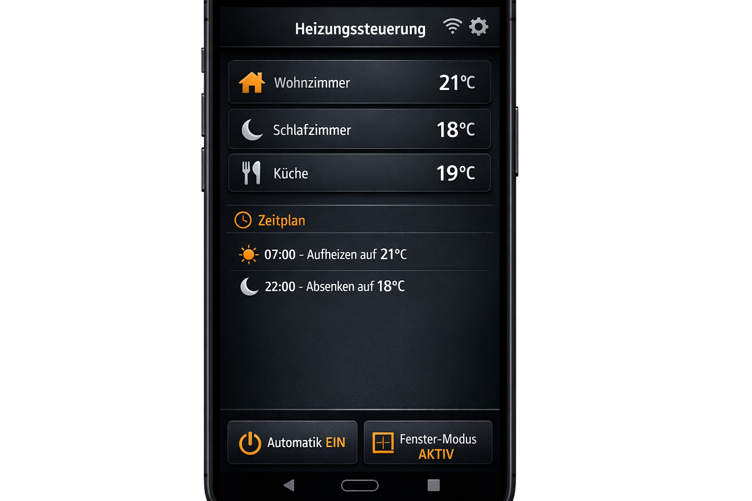 Smart Home App Screenshot für automatische Heizungssteuerung mit Zeitplan und Raumtemperaturen