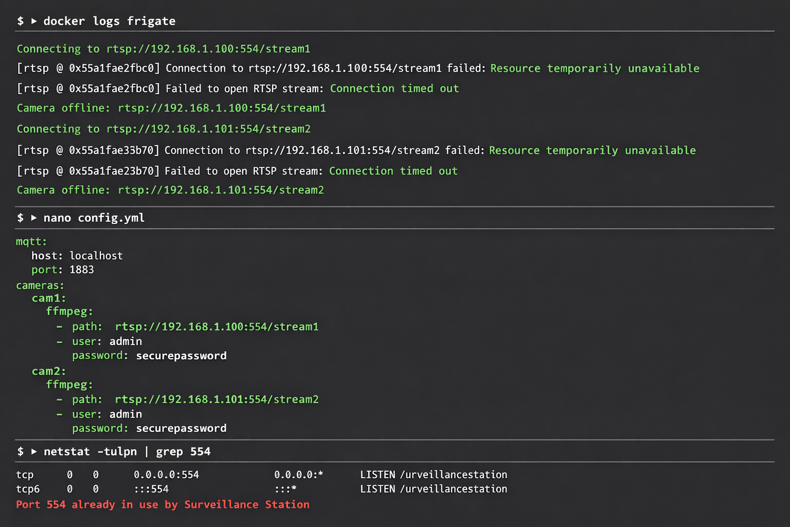 Frigate NVR Terminal Screenshot mit RTSP-Konfiguration und Kamera-Status während Migration