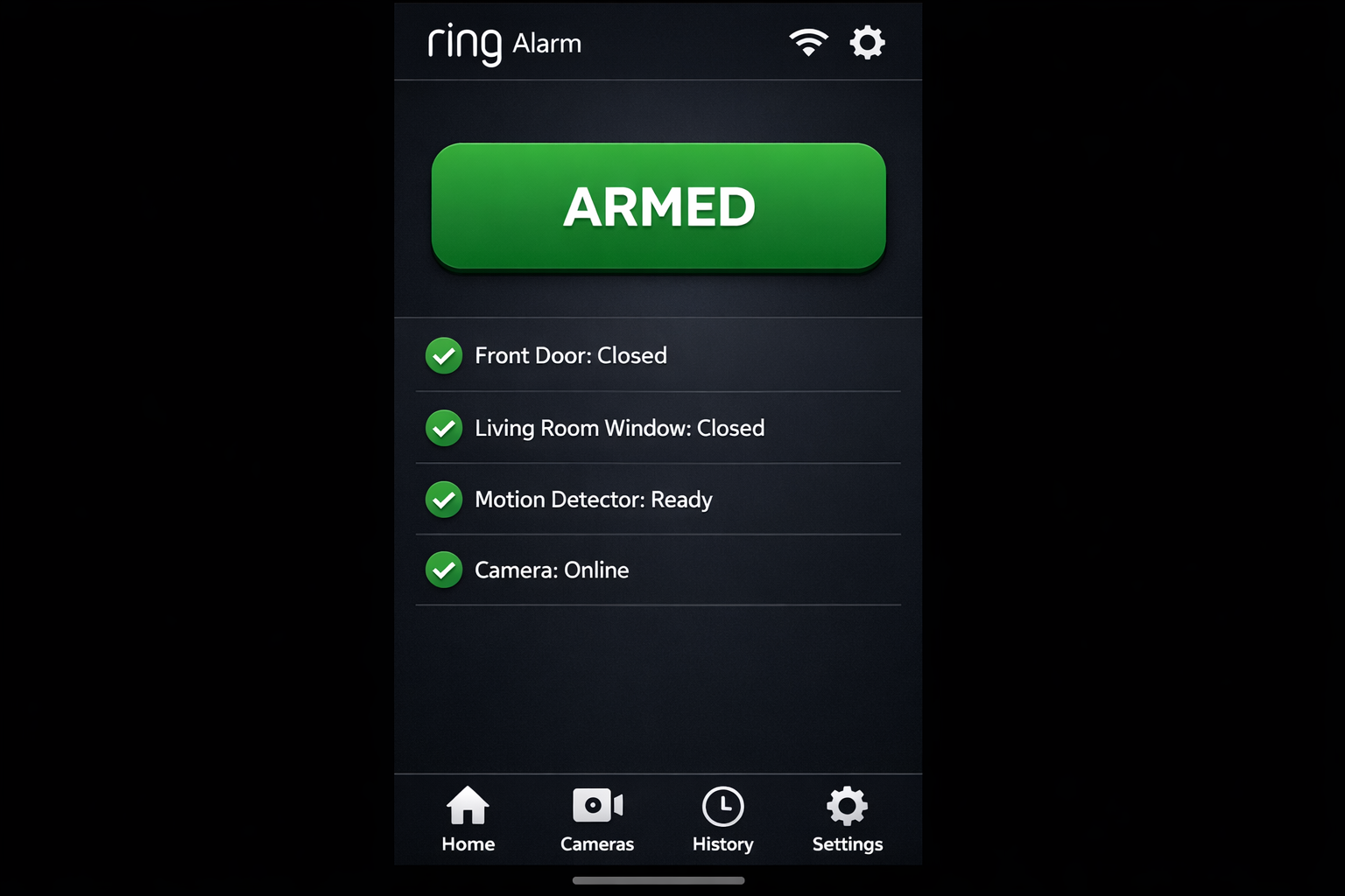 Alarmanlage-App Screenshot zeigt aktivierten Status mit allen Sensoren bereit