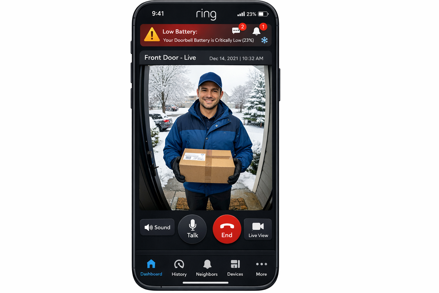 Ring App Screenshot mit Video-Türklingel Live-Feed und Akku-Warnung