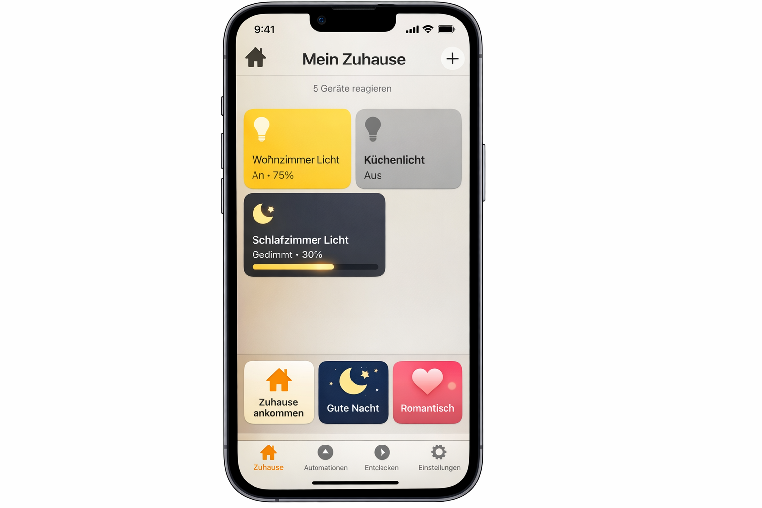 Apple Home-App Screenshot mit HomeKit-Lampen-Steuerung und Szenen-Übersicht