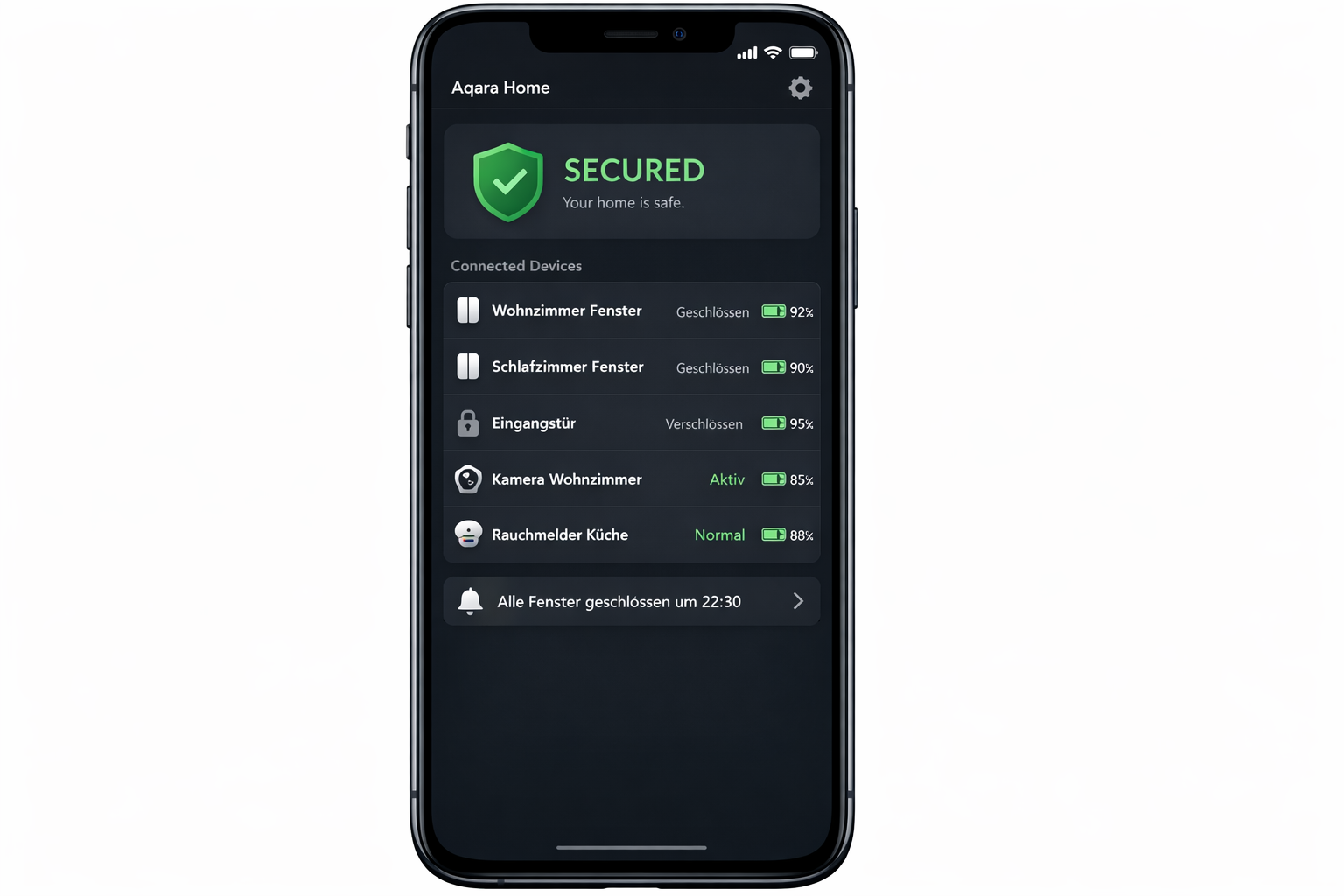 Aqara Home App Screenshot mit Sicherheitsstatus aller Smart Home Geräte in der Mietwohnung