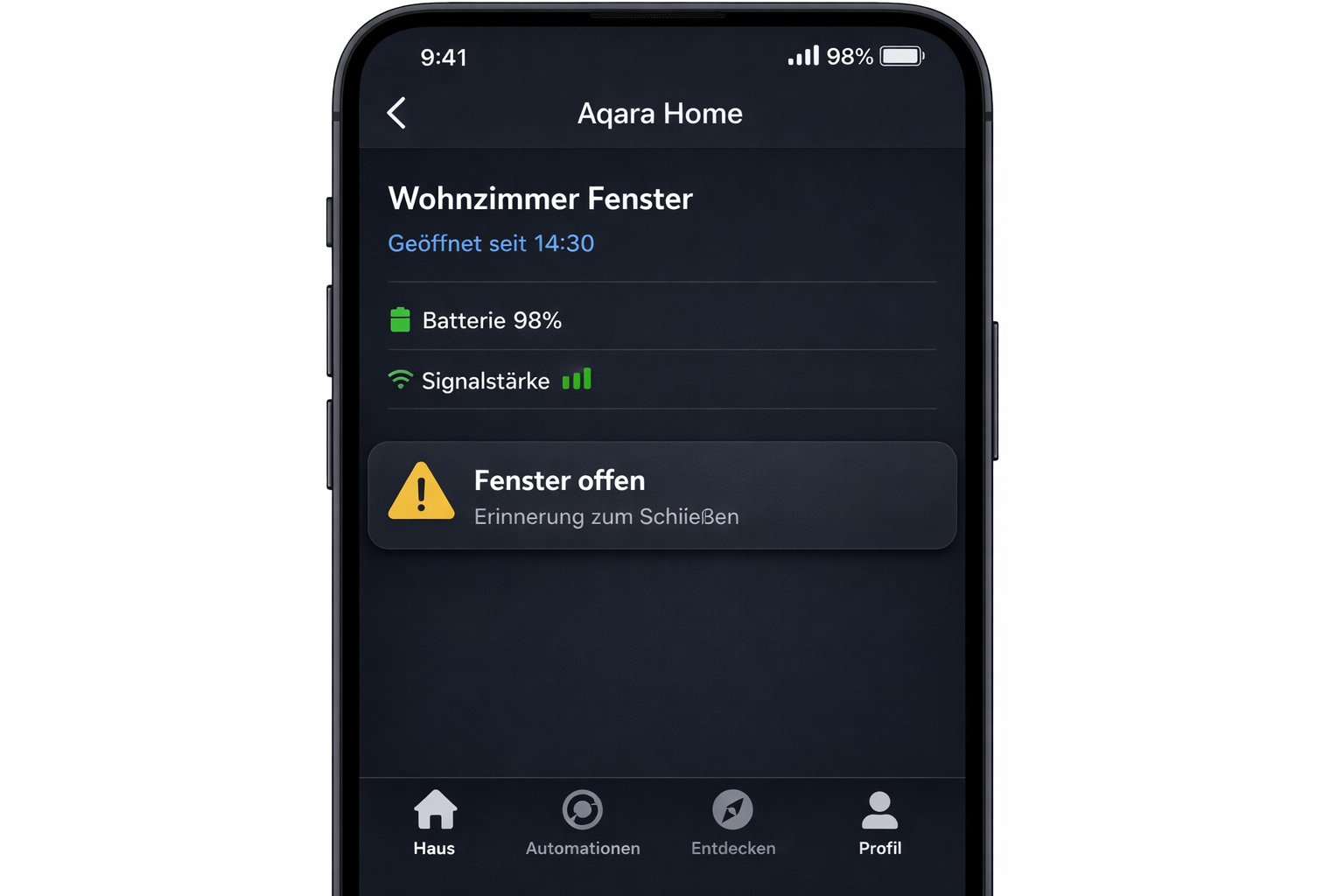 Aqara Home App Screenshot mit Fenstersensor Status und Push-Benachrichtigung
