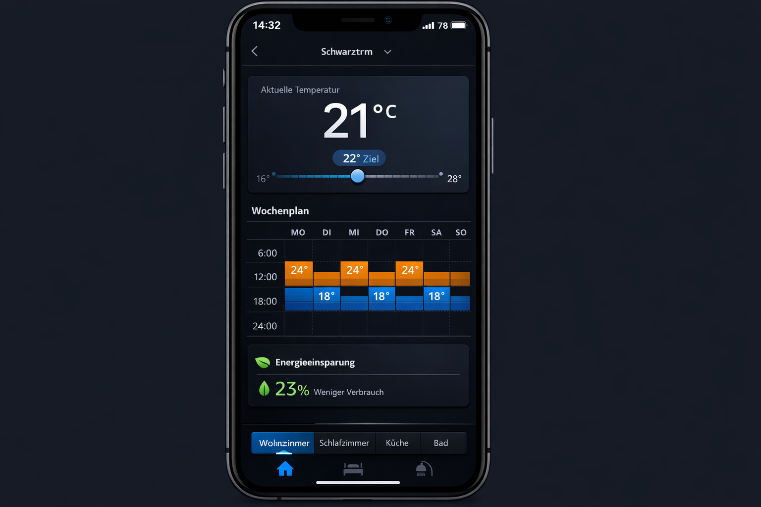 Smart Thermostat App Interface mit Temperatursteuerung und Heizplan für Mietwohnung