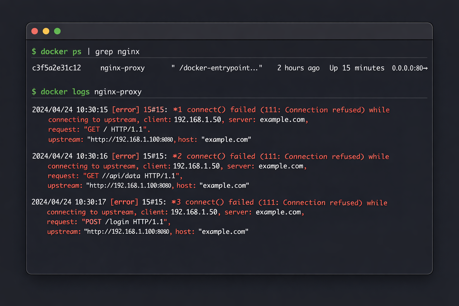 Terminal-Screenshot mit Docker-Befehlen zur Nginx Container Diagnose und Fehlermeldungen